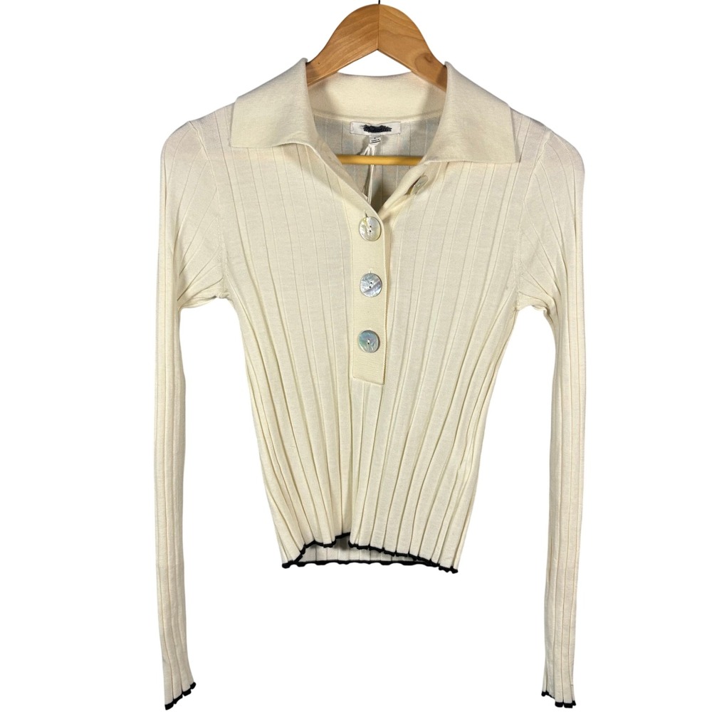 NWT Madewell Merino Wool Silk Ribbed Polo Sweater Cream‎ Black Trim Small